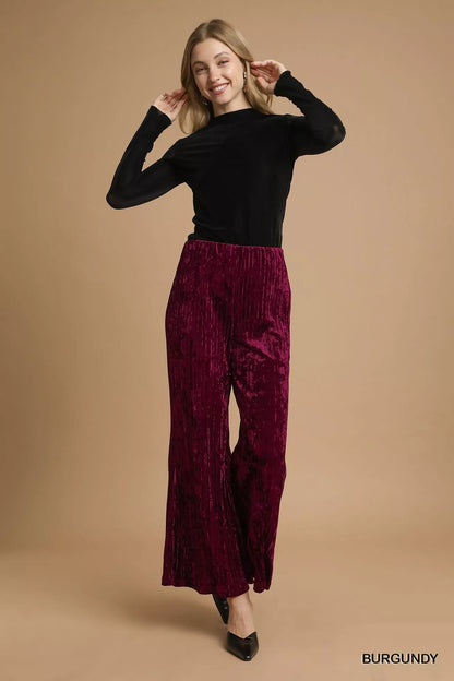Umgee Velvet Pleated Wide Leg Pants