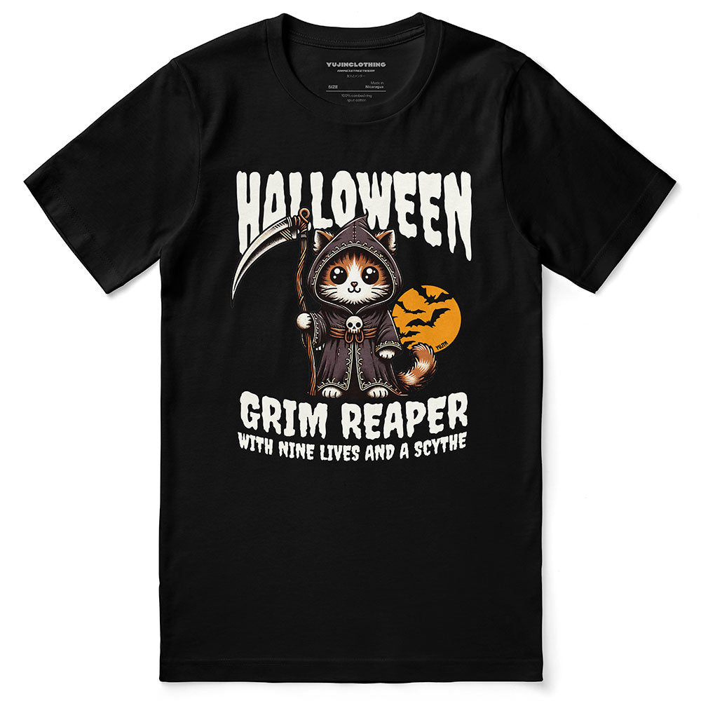 T-shirt d'Halloween avec chat de la Faucheuse