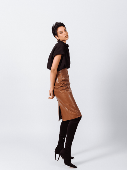 Glossy Brown Vegan Leather Pencil Skirt – Women’s Chic Leather Skirt - Lolomo!