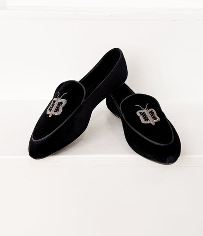 Butterfly Velvet Flats in Black
