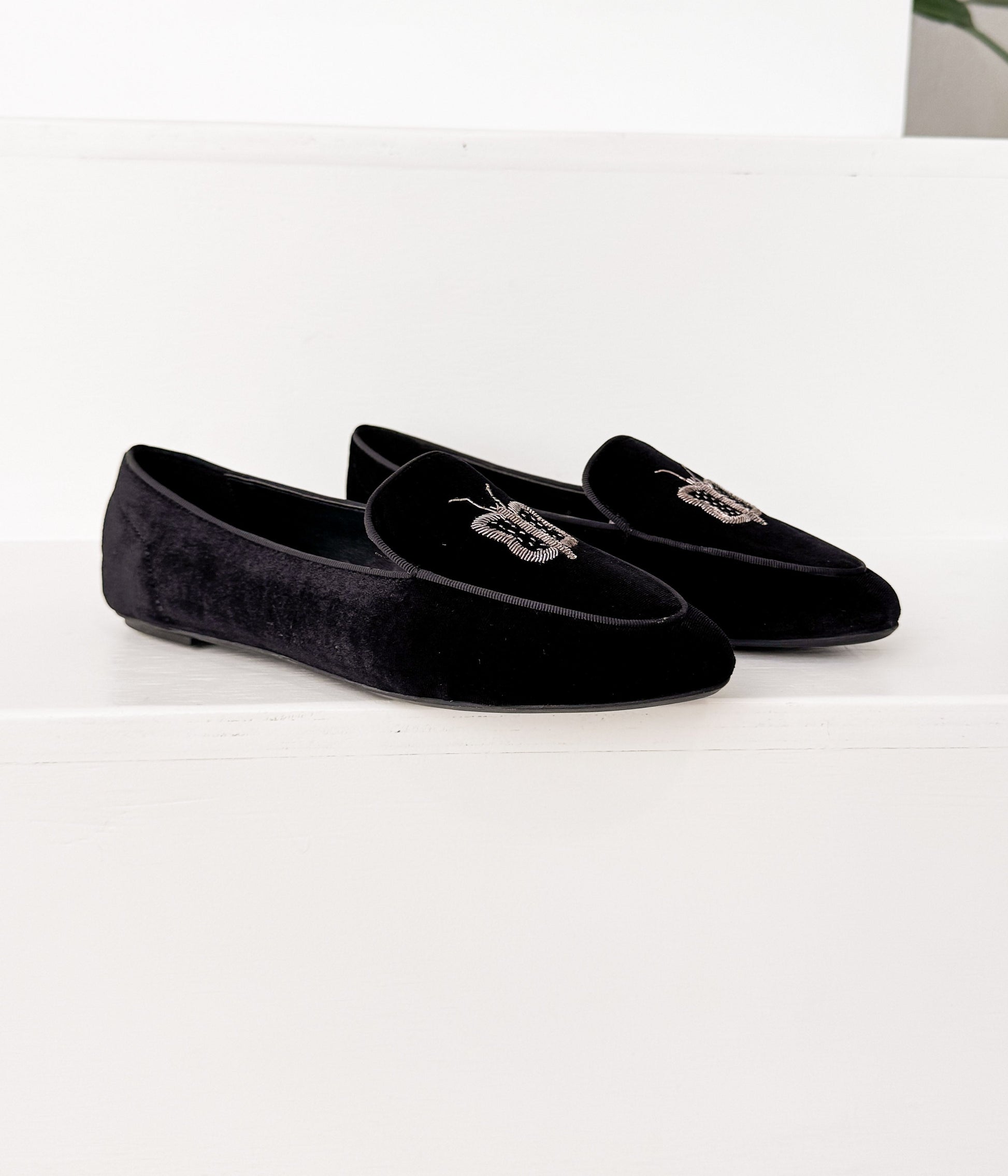 Butterfly Velvet Flats in Black