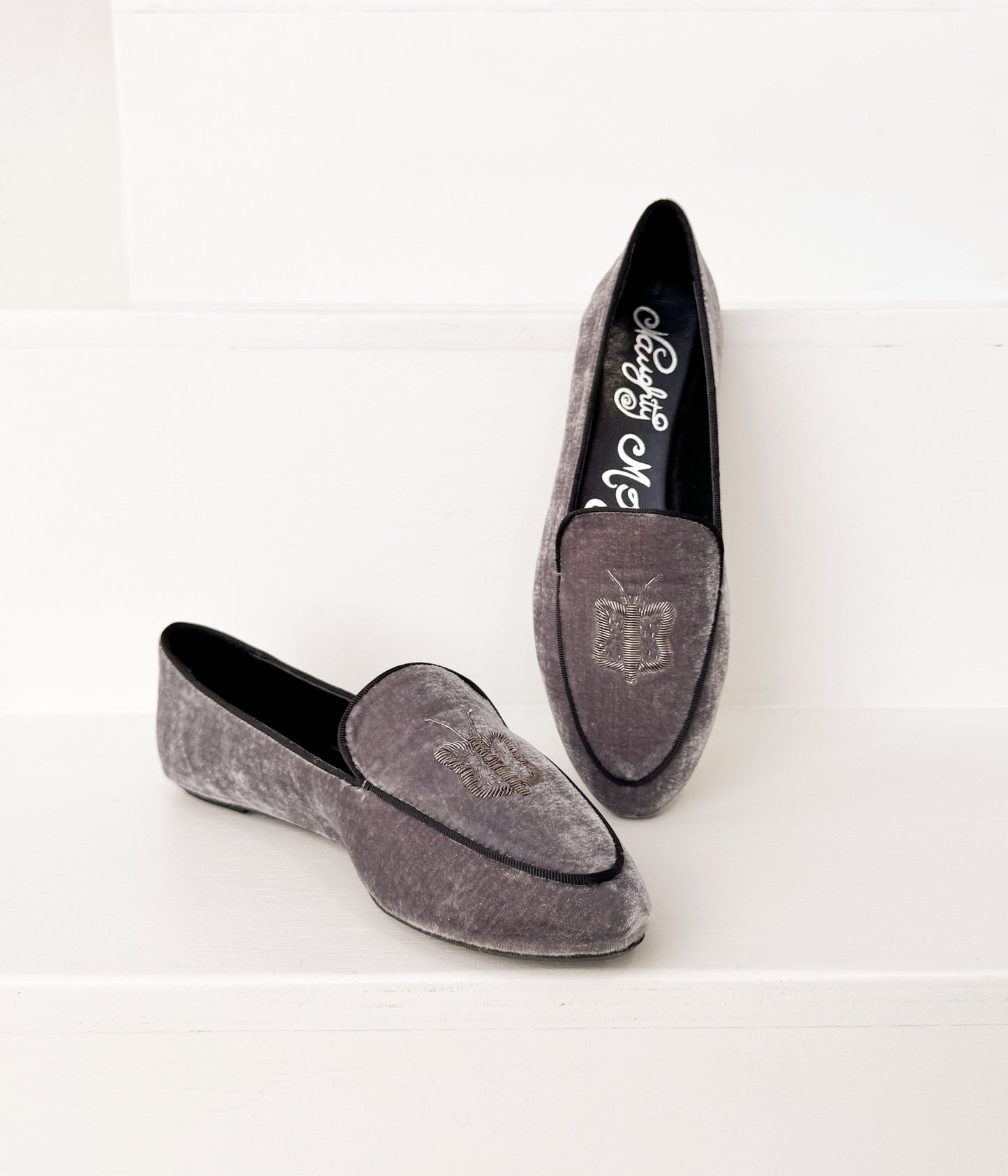 Butterfly Velvet Flats in Grey