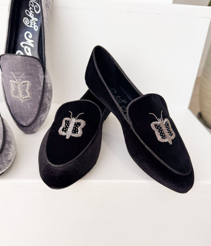 Butterfly Velvet Flats in Black