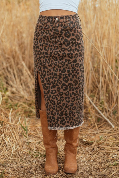 Leopard Denim Frayed Hem Midi Skirt