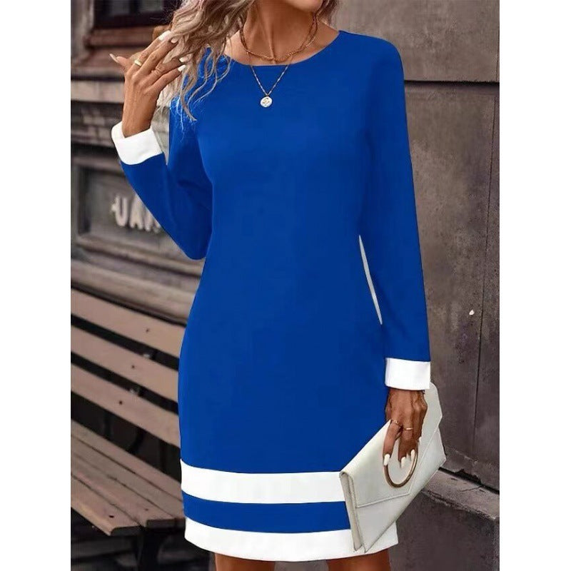 Fitted Color-Block Long-Sleeve Dress with Round Neckline