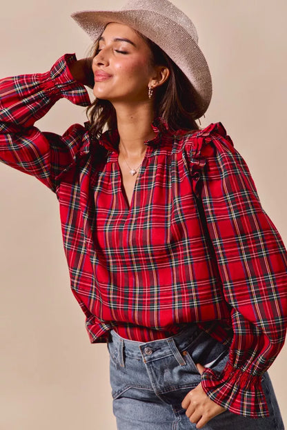 SO ME Christmas Checkered Plaid Smocked Blouse