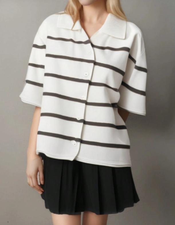 Women’s Knit Button Cardigan with Striped Short Sleeves