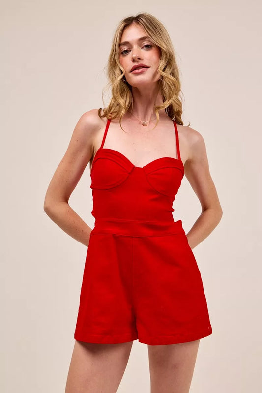 SO ME Fitted Open Back Game Day Romper with Lace Up Deta