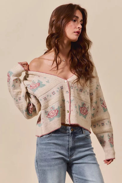 SO ME Floral Pattern Long Sleeve Button Sweater Cardigan in Beige