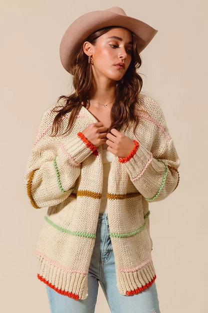 SO ME Loose Fit Multi Stripe Open Front Cardigan