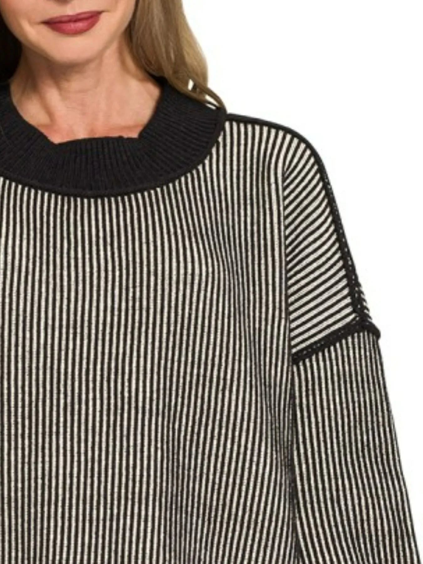 Zenana Exposed Seam Two Tone Ribbed Sweater in Black