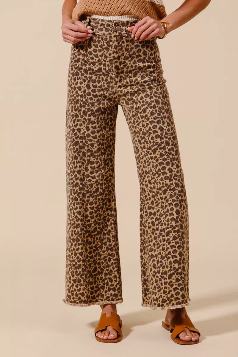 SO ME Mid Rise Leopard Twill Frayed Hem Wide Leg Pants