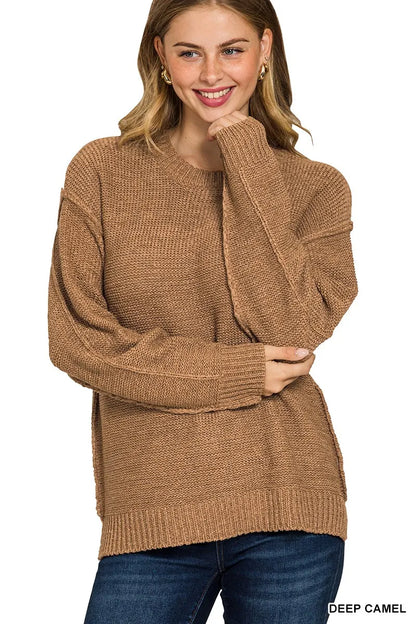 Zenana Exposed Seam Round Neck Sweater in Camel