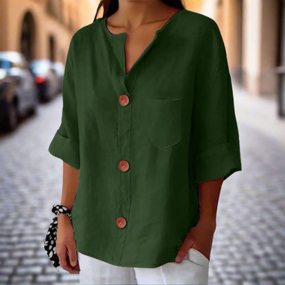 Women’s Loose V Neck T Shirt – Cotton Linen Button Top