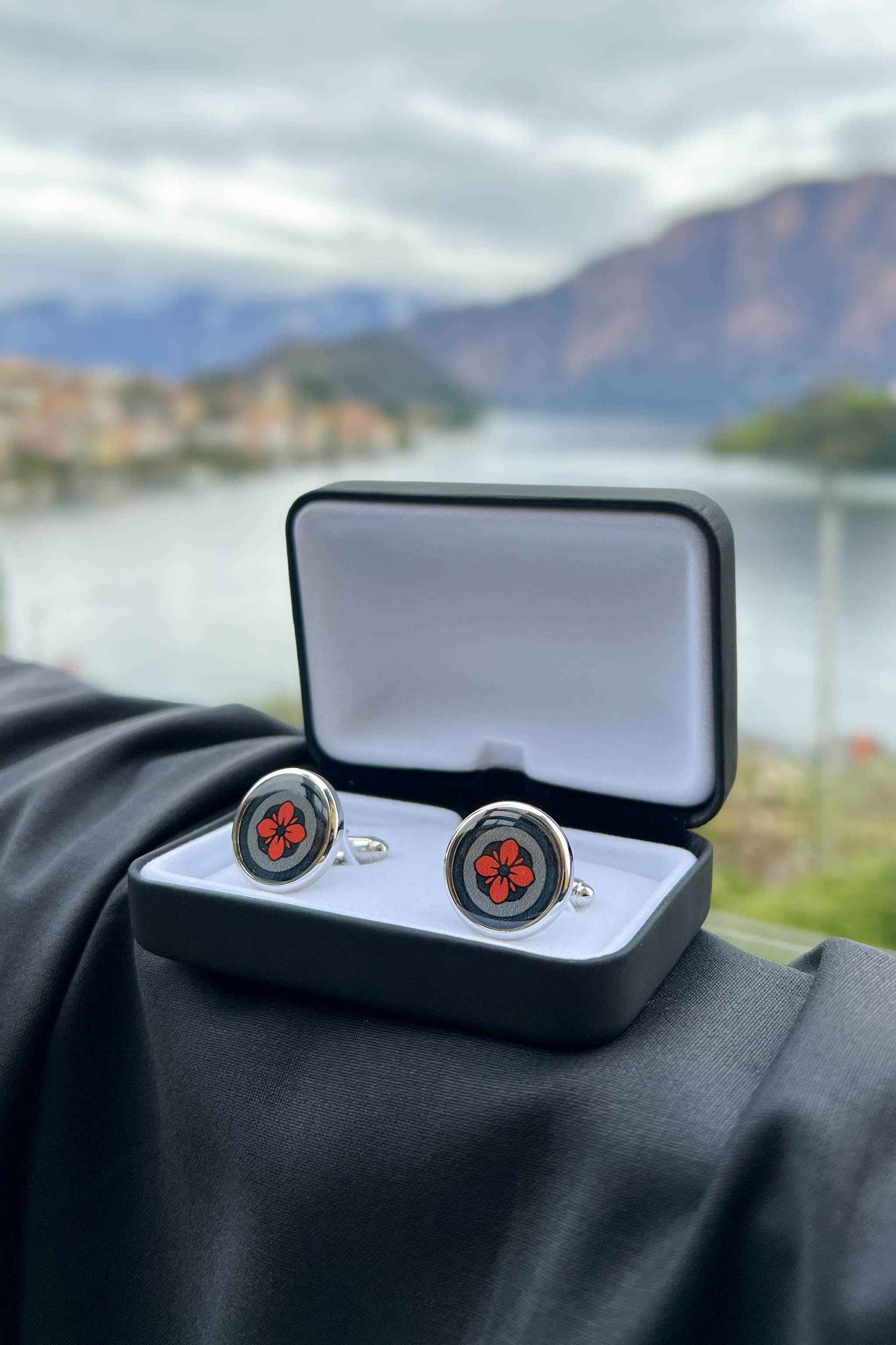 Lava Orange Floral Print Handmade Italian Cufflinks with Clear Resin