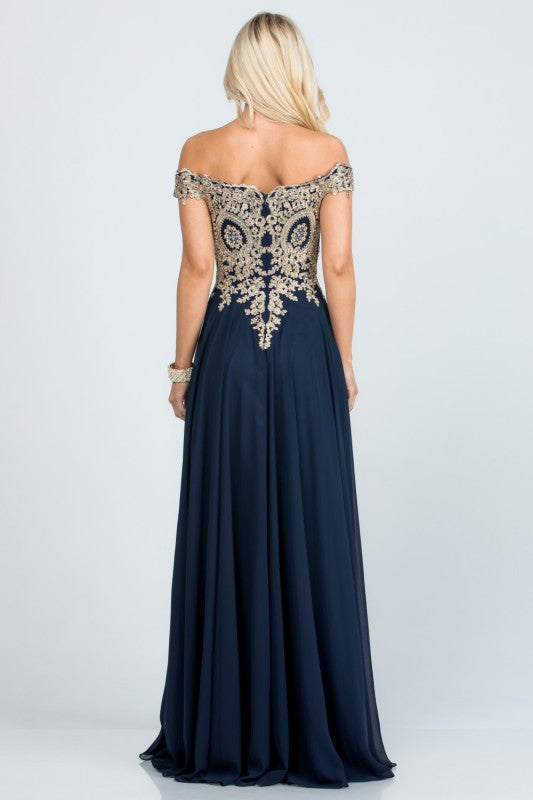 La Scala Off Shoulder Chiffon Gown with Lace Appliques