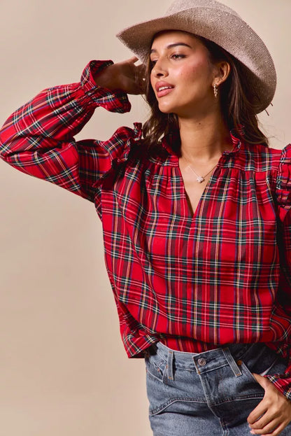 SO ME Christmas Checkered Plaid Smocked Blouse