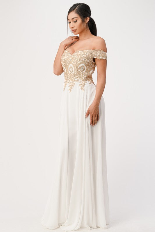 La Scala Off Shoulder Chiffon Gown with Lace Appliques