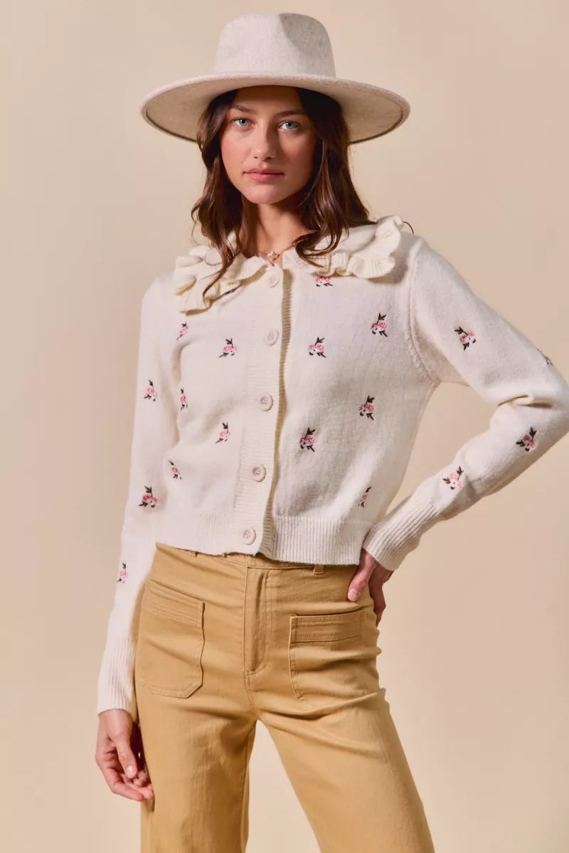 SO ME Collared Floral Embroidered Button Down Sweater Cardigan