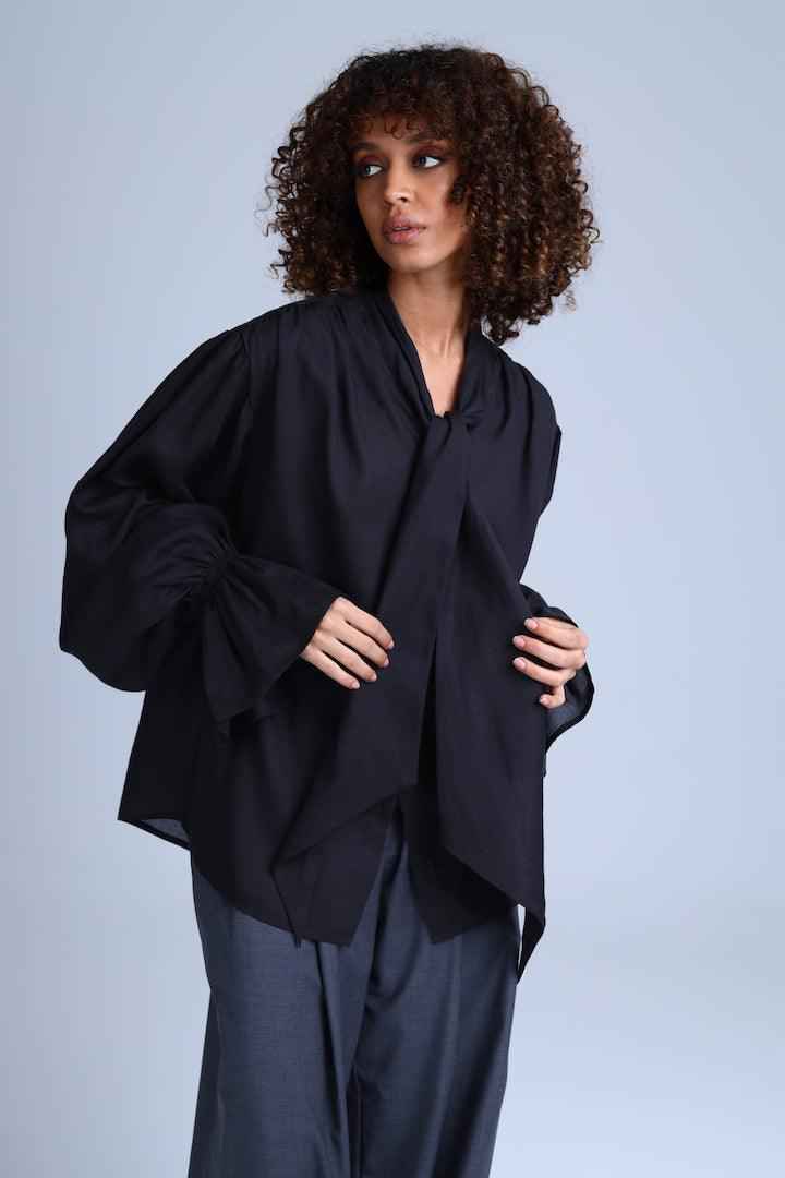 Protagonista Tencel Pussy-Bow Black Blouse With Voluminous Airy Sleeves