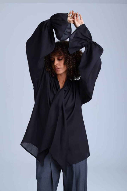 Protagonista Tencel Pussy-Bow Black Blouse With Voluminous Airy Sleeves