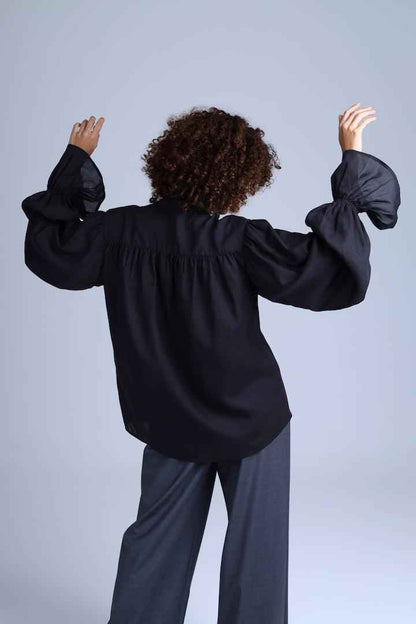 Protagonista Tencel Pussy-Bow Black Blouse With Voluminous Airy Sleeves