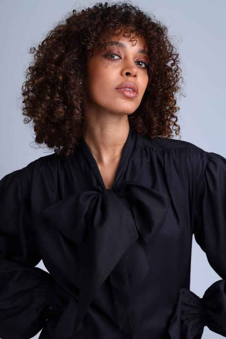 Protagonista Tencel Pussy-Bow Black Blouse With Voluminous Airy Sleeves