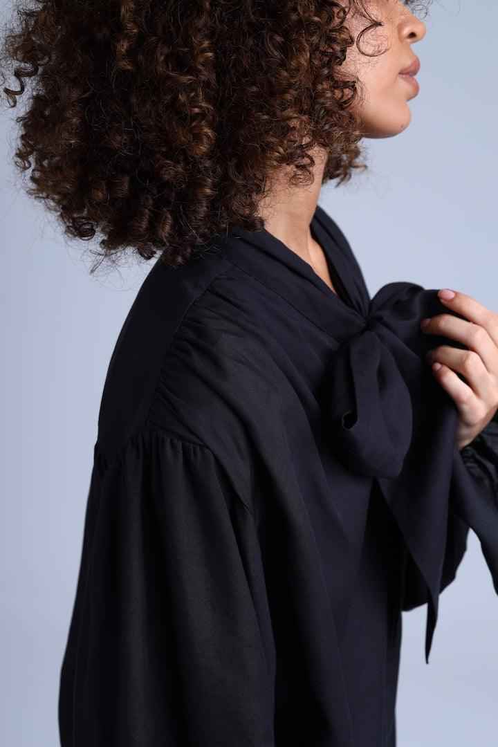 Protagonista Tencel Pussy-Bow Black Blouse With Voluminous Airy Sleeves