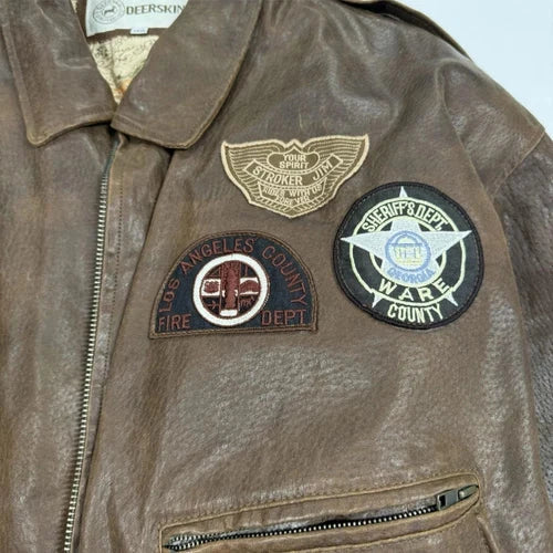 Vintage Deerskin Leather Jacket Men's 3XL Brown Long Sleeve Outdoor Full Zip