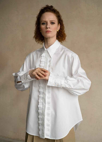 Settima Ruffled White Organic Cotton Shirt